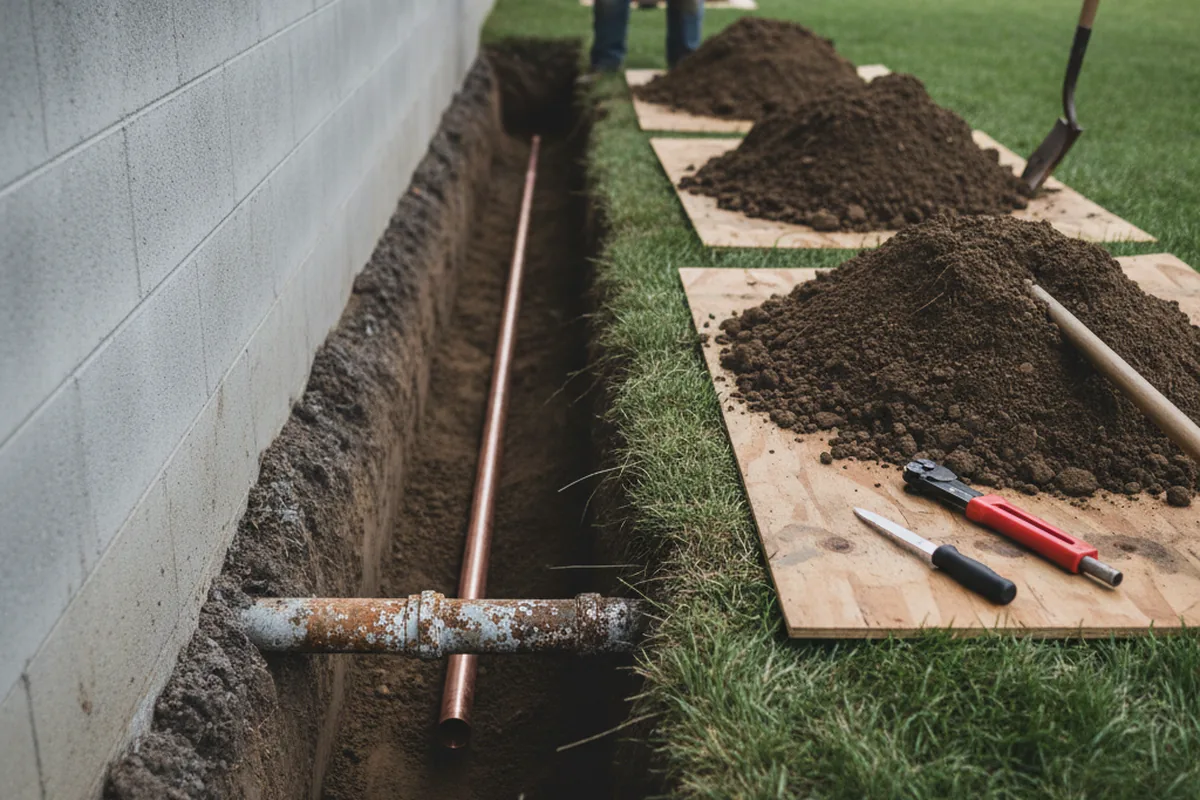 Excavated water line trench during Sewer Line Repair in Hannibal